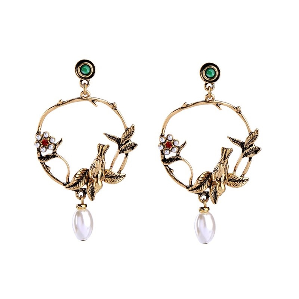 Antique Gold Floral Bird Earrings